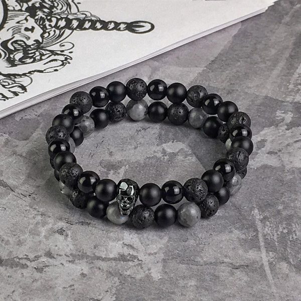 Комплект браслетов MOTION || black & grey larvikite и FACETED SKULL || all black фото