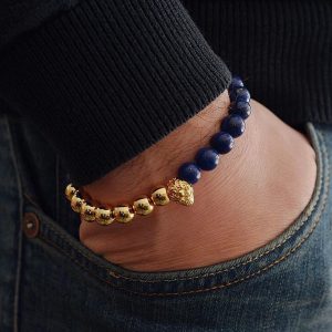 Мужской браслет ANTIQUE SKULL || gold & blue из бусин фото